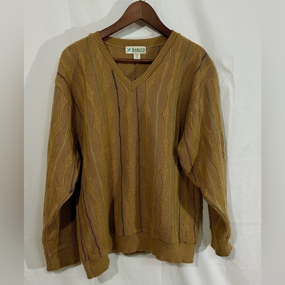 Vintage Haband Sweater | Made in USA | XL | Mustard Gold Knit V-Neck Pullover